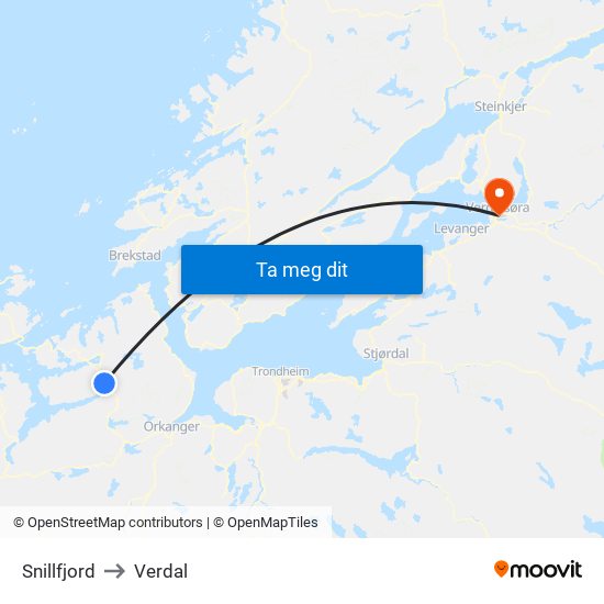 Snillfjord to Verdal map