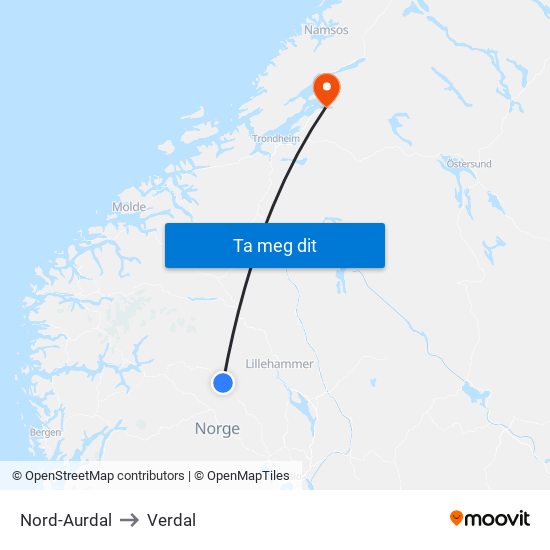 Nord-Aurdal to Verdal map