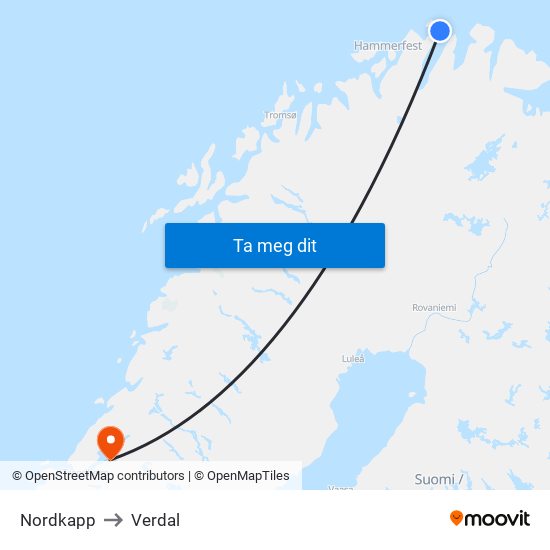 Nordkapp to Verdal map