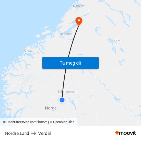 Nordre Land to Verdal map