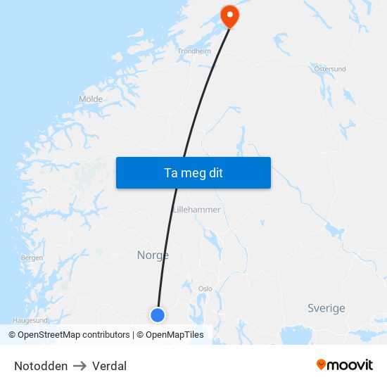 Notodden to Verdal map