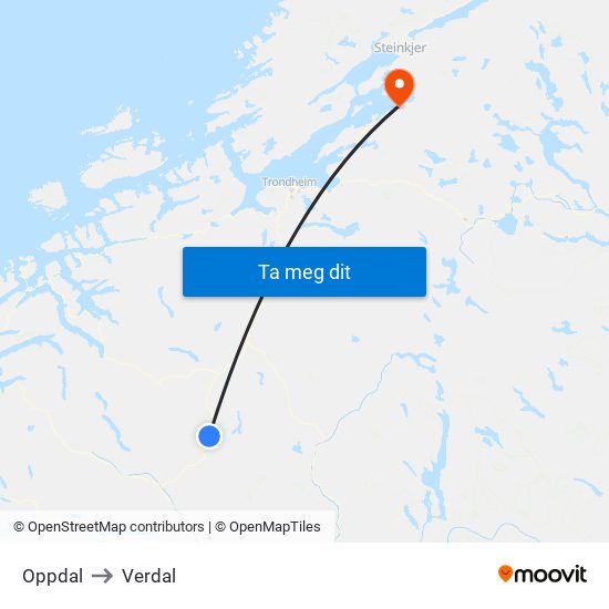 Oppdal to Verdal map