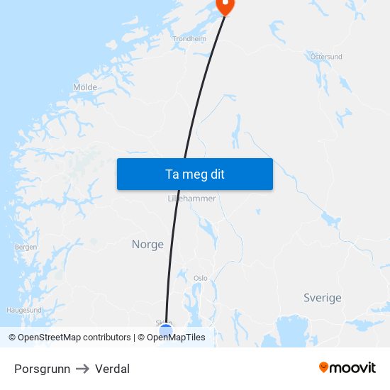 Porsgrunn to Verdal map