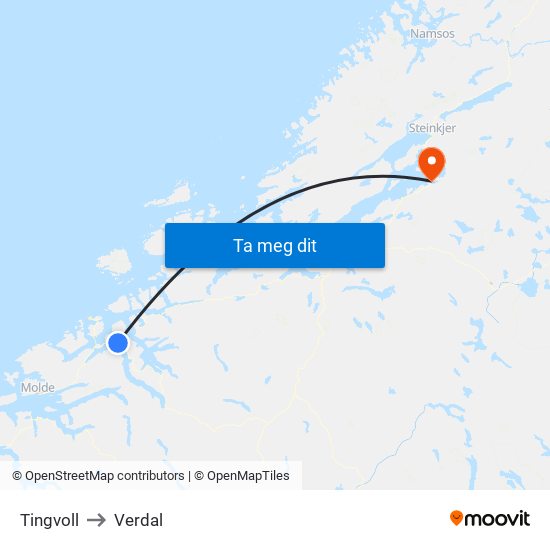 Tingvoll to Verdal map