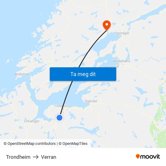 Trondheim to Verran map