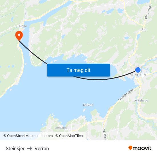 Steinkjer to Verran map