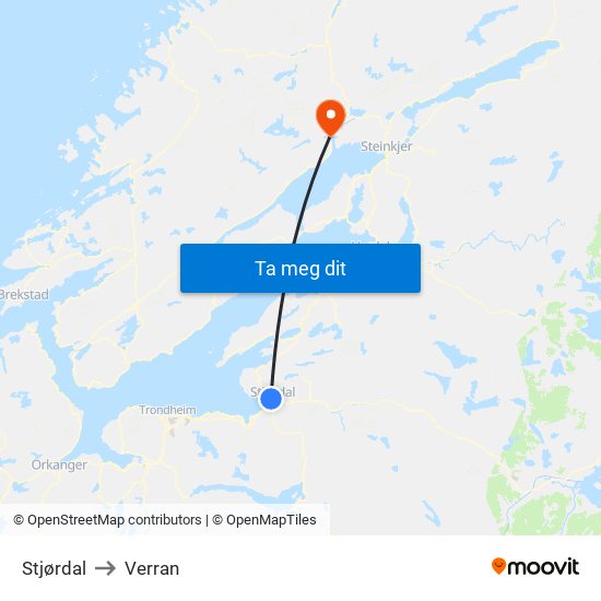 Stjørdal to Verran map