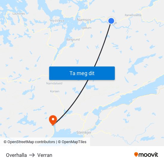 Overhalla to Verran map