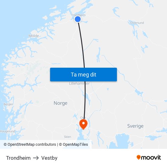 Trondheim to Vestby map