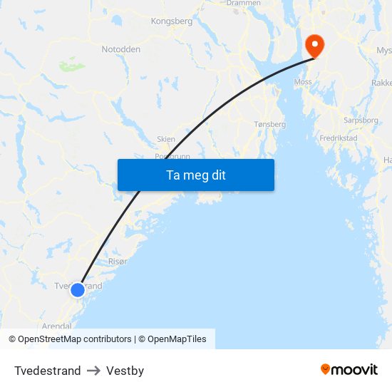 Tvedestrand to Vestby map