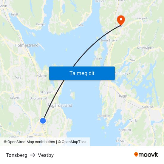 Tønsberg to Vestby map