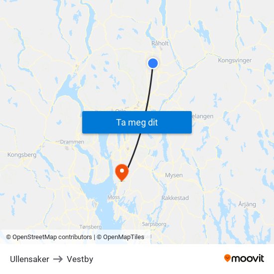 Ullensaker to Vestby map