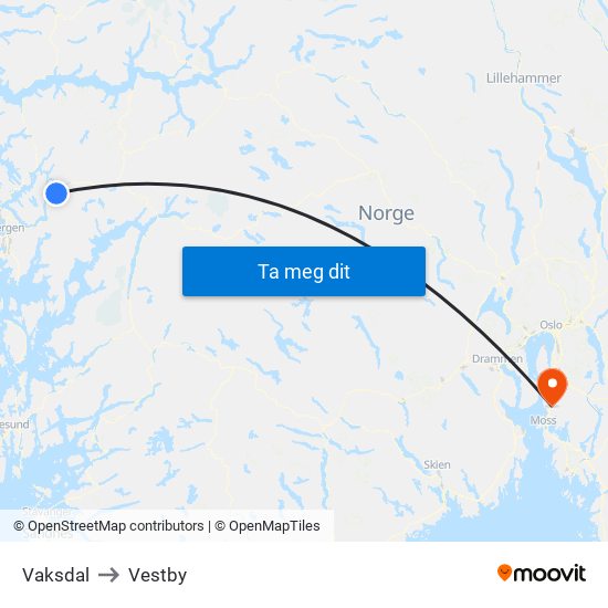 Vaksdal to Vestby map