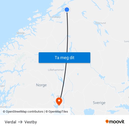 Verdal to Vestby map