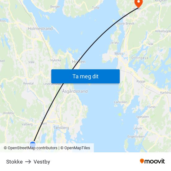 Stokke to Vestby map