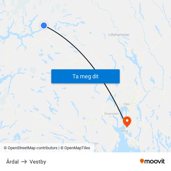 Årdal to Vestby map