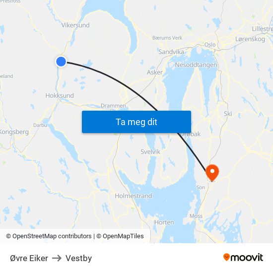 Øvre Eiker to Vestby map