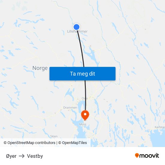 Øyer to Vestby map