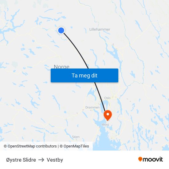 Øystre Slidre to Vestby map