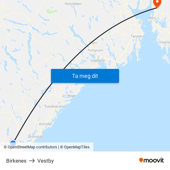 Birkenes to Vestby map