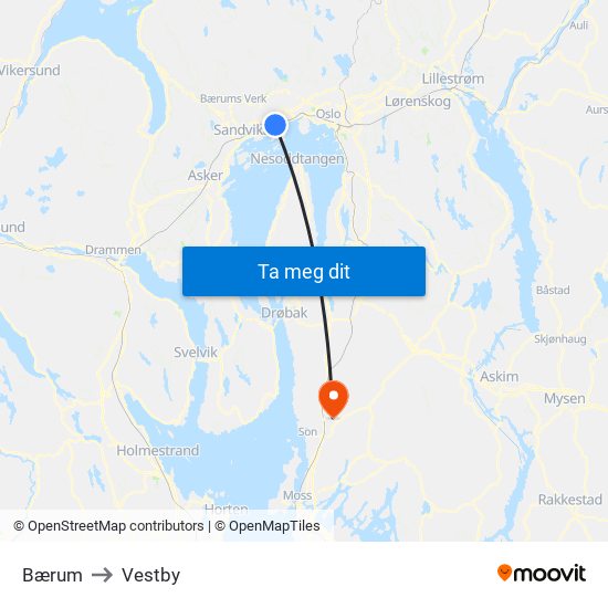 Bærum to Vestby map