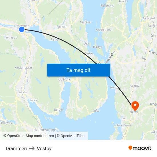 Drammen to Vestby map