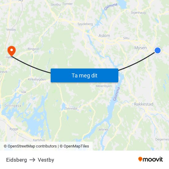 Eidsberg to Vestby map