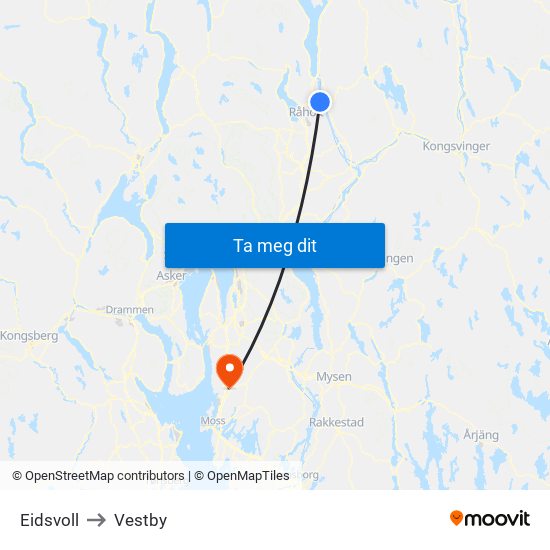 Eidsvoll to Vestby map