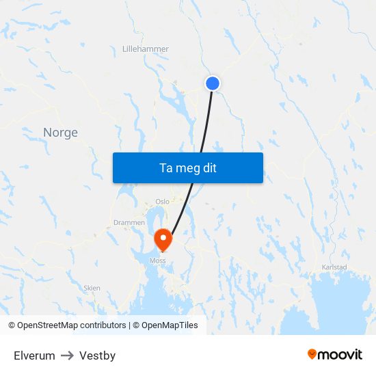 Elverum to Vestby map