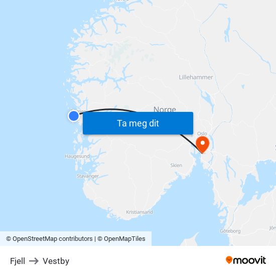 Fjell to Vestby map