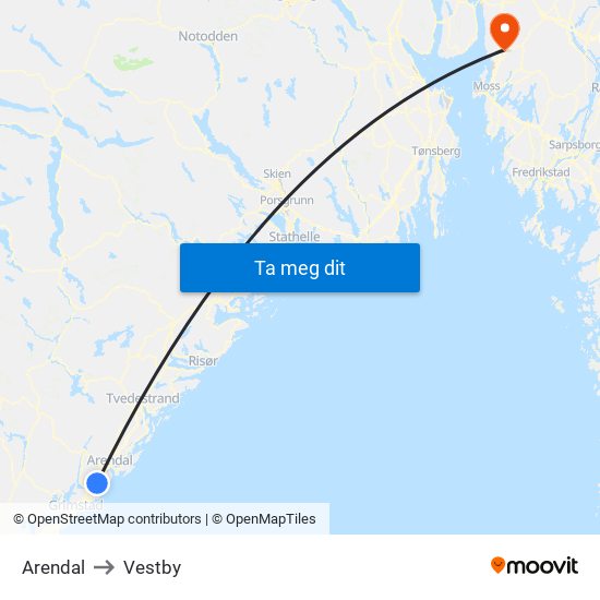 Arendal to Vestby map