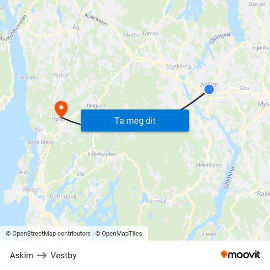 Askim to Vestby map