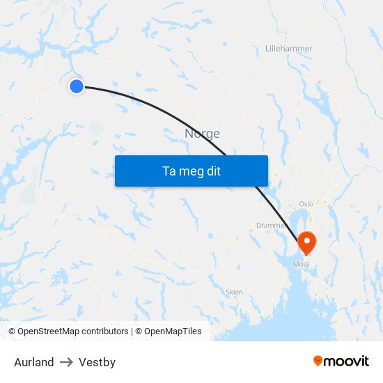 Aurland to Vestby map