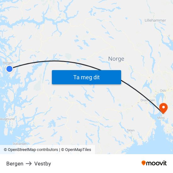 Bergen to Vestby map