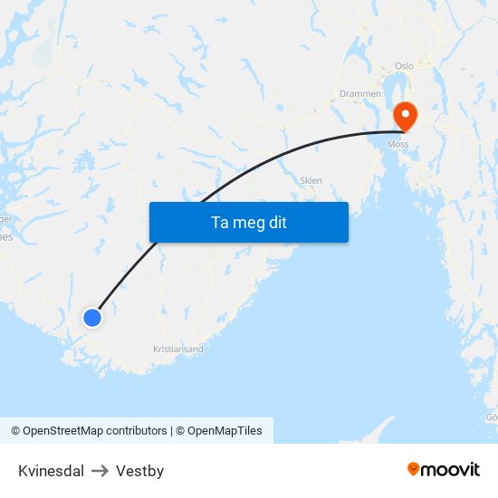 Kvinesdal to Vestby map