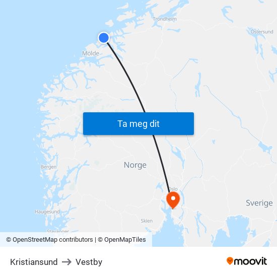 Kristiansund to Vestby map