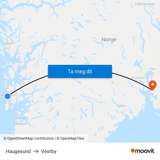 Haugesund to Vestby map