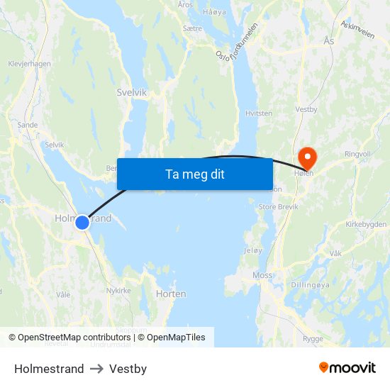 Holmestrand to Vestby map