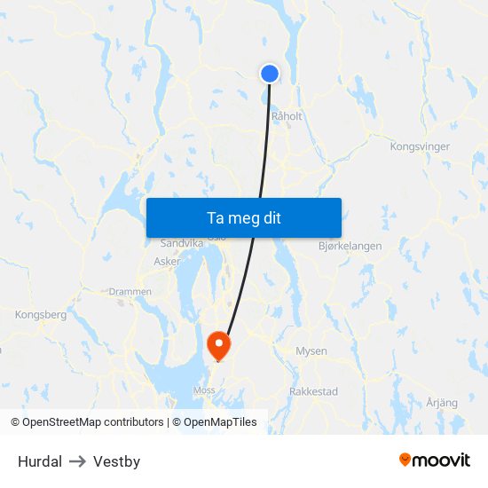 Hurdal to Vestby map