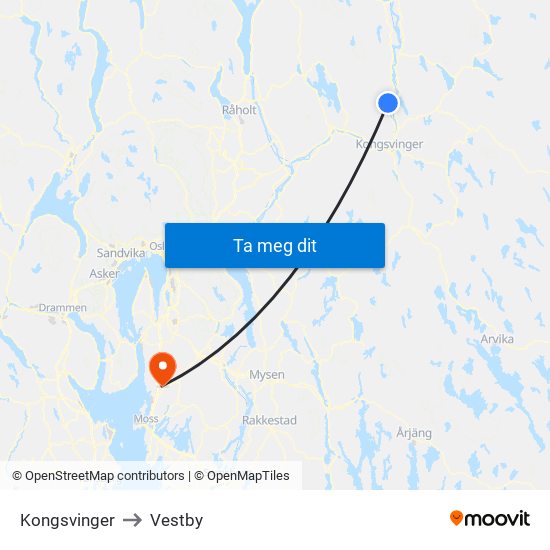 Kongsvinger to Vestby map