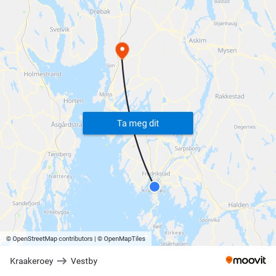 Kraakeroey to Vestby map