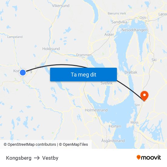 Kongsberg to Vestby map