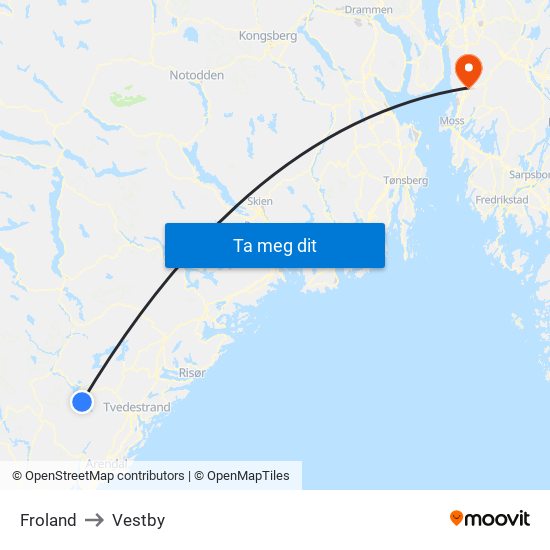 Froland to Vestby map