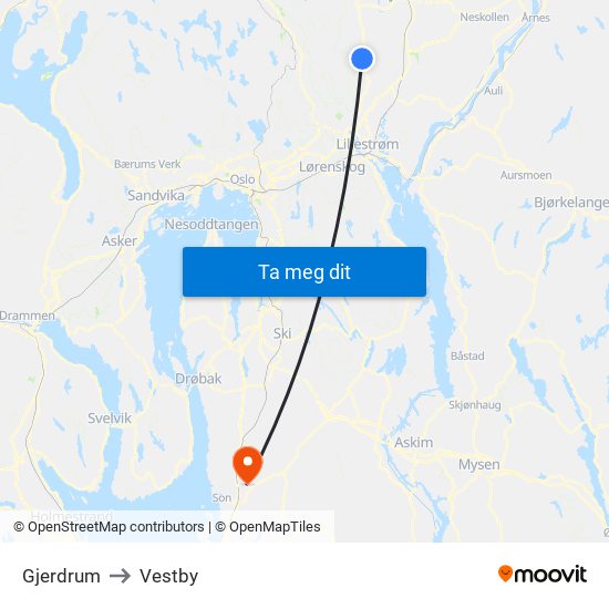 Gjerdrum to Vestby map