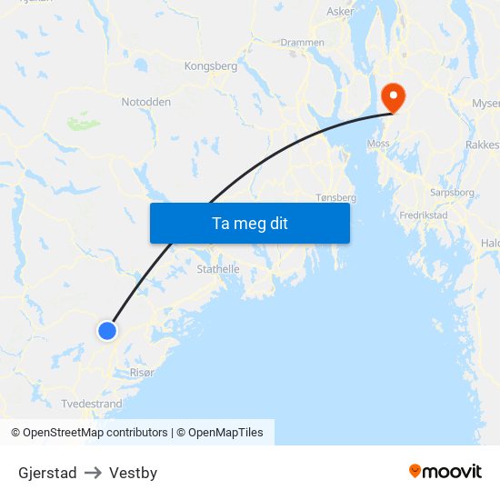 Gjerstad to Vestby map