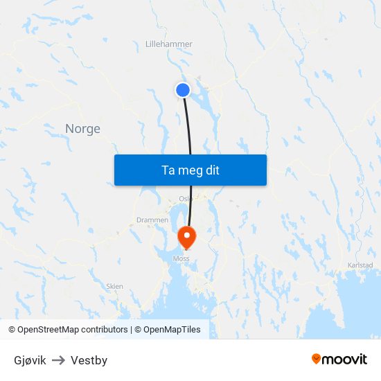 Gjøvik to Vestby map