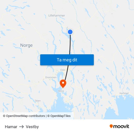 Hamar to Vestby map