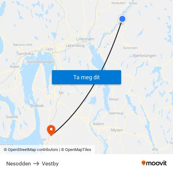 Nesodden to Vestby map