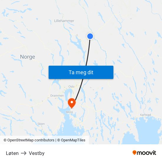 Løten to Vestby map