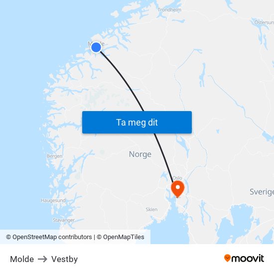 Molde to Vestby map